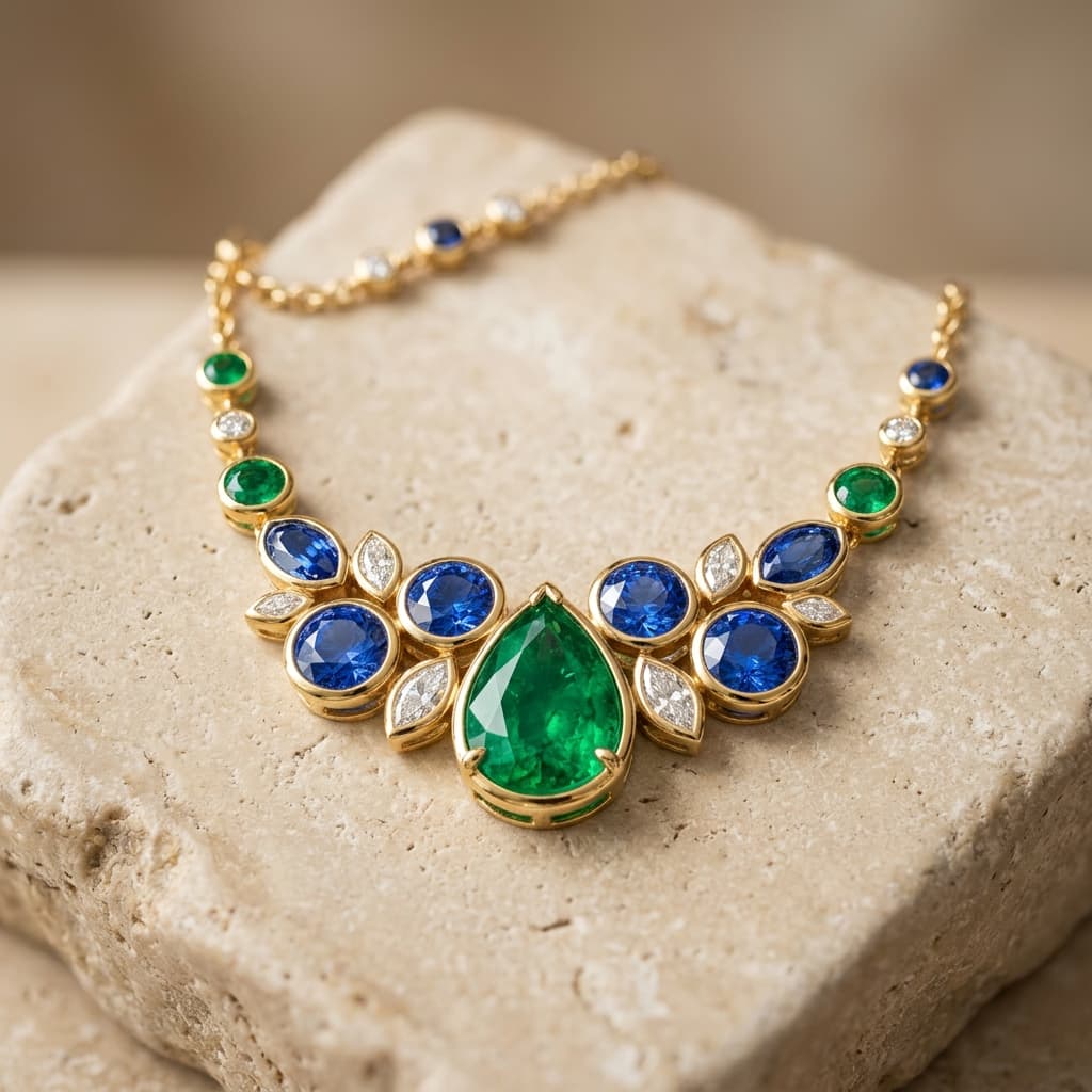 Luxurious gemstone jewellery featuring vibrant emeralds and sapphires.