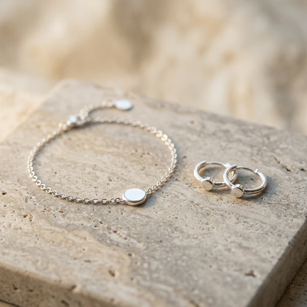 Polished sterling silver jewellery set with a premium editorial finish.